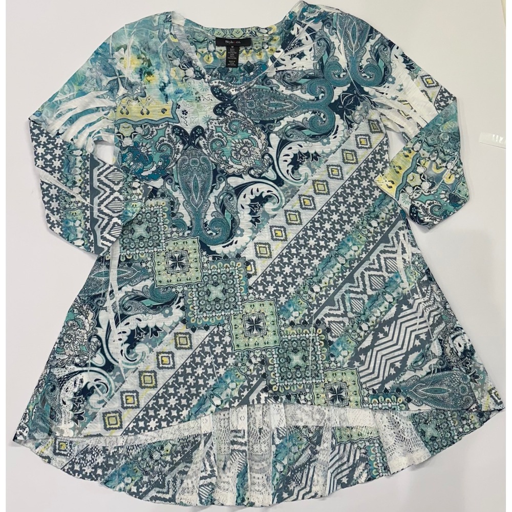 Style & Co Womens Blue Paisley Lace Back High Low Tunic Top Size M RN119794